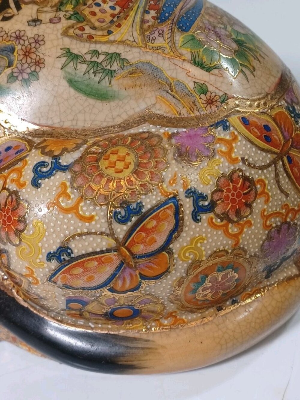 Vintage Japanese Satsuma Sleeping Cat Cloisonne Moriage Gold Accents Geishas But - Picture 7 of 12